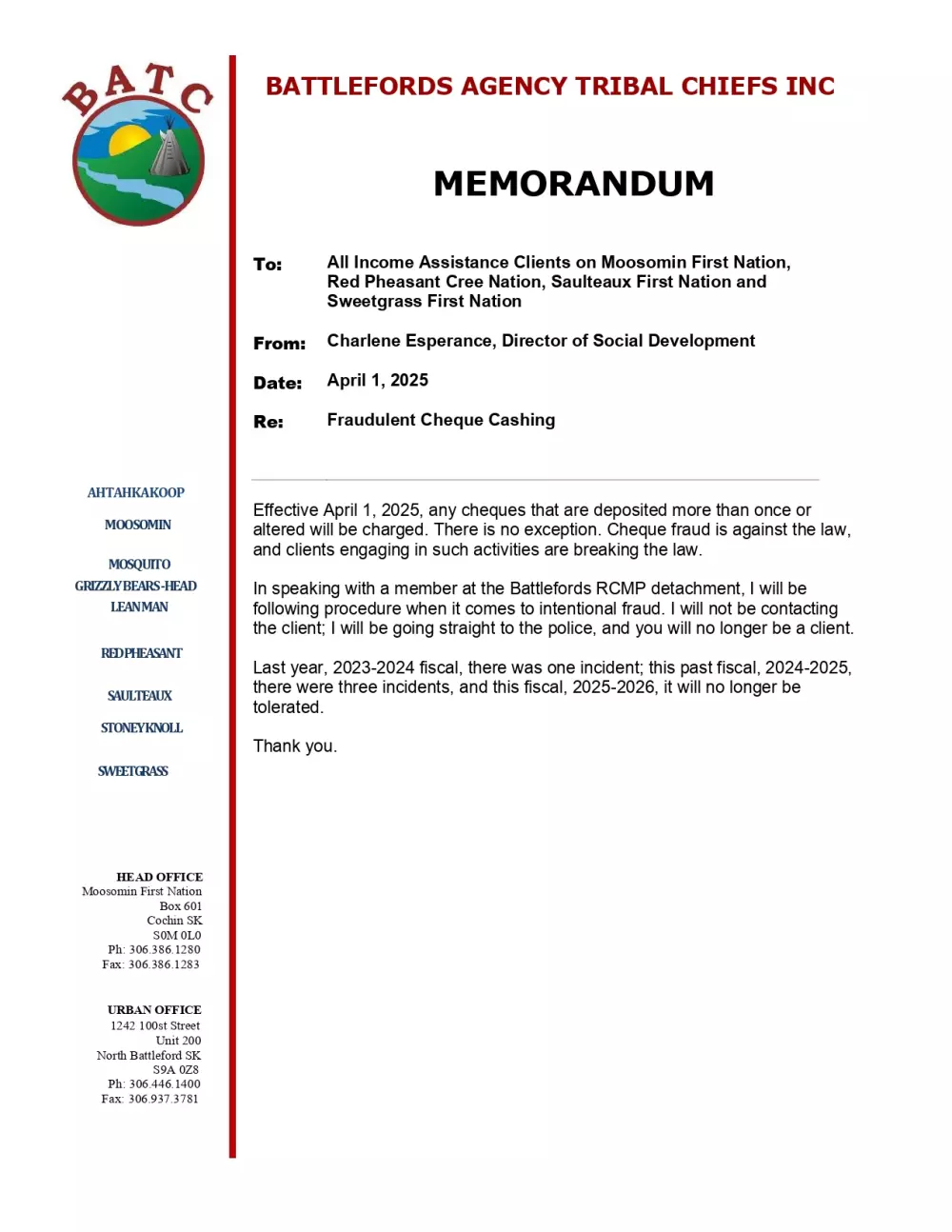 Memo - Fraudulent Cheque Cashing