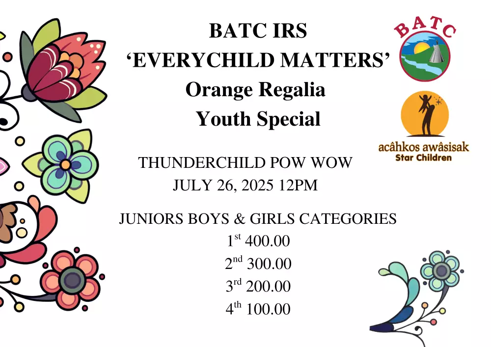 BATC Acahkos Awasisak to Host “Every Child Matters” Orange Regalia Youth Special at Thunderchild Pow Wow