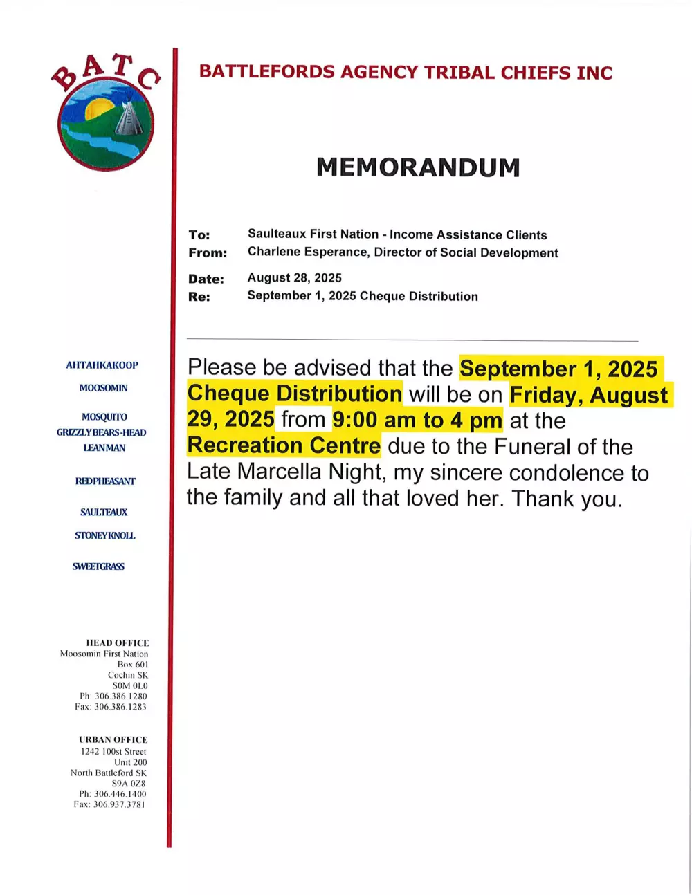 BATC Social Development Cheque Distribution Information!