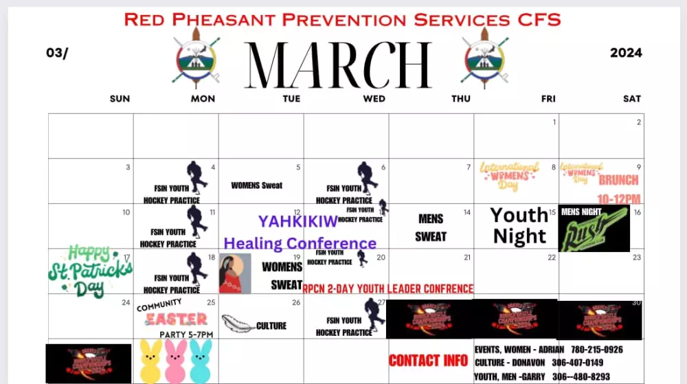 Red Pheasant Prevention Services March Calendar